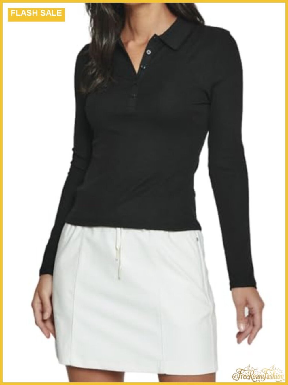 Womens V Neck Long Sleeve Polo Shirt Fitted Button Down Work Top